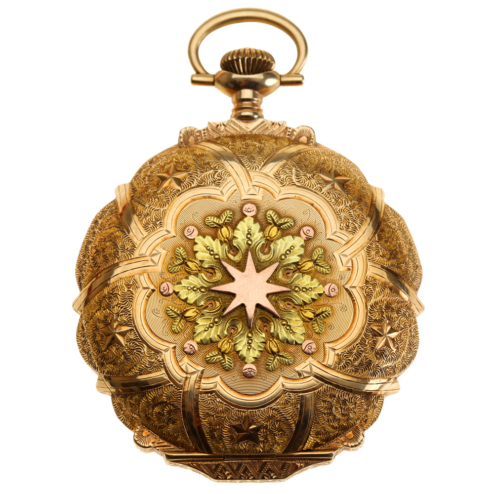 14K Solid Gold 18s Scalloped Box Hinge Hunting Pocket Watch Case featuring Stag